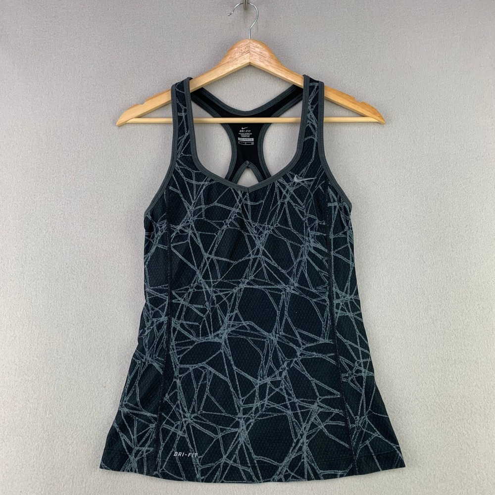 Nike Dri-Fit Racerback Tank Top Women Small Black Geometric Built-in Bra Running